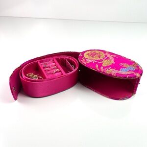 Pink Oriental Costume Jewelry Oval Box with Assorted Rings Earrings Gold Toned